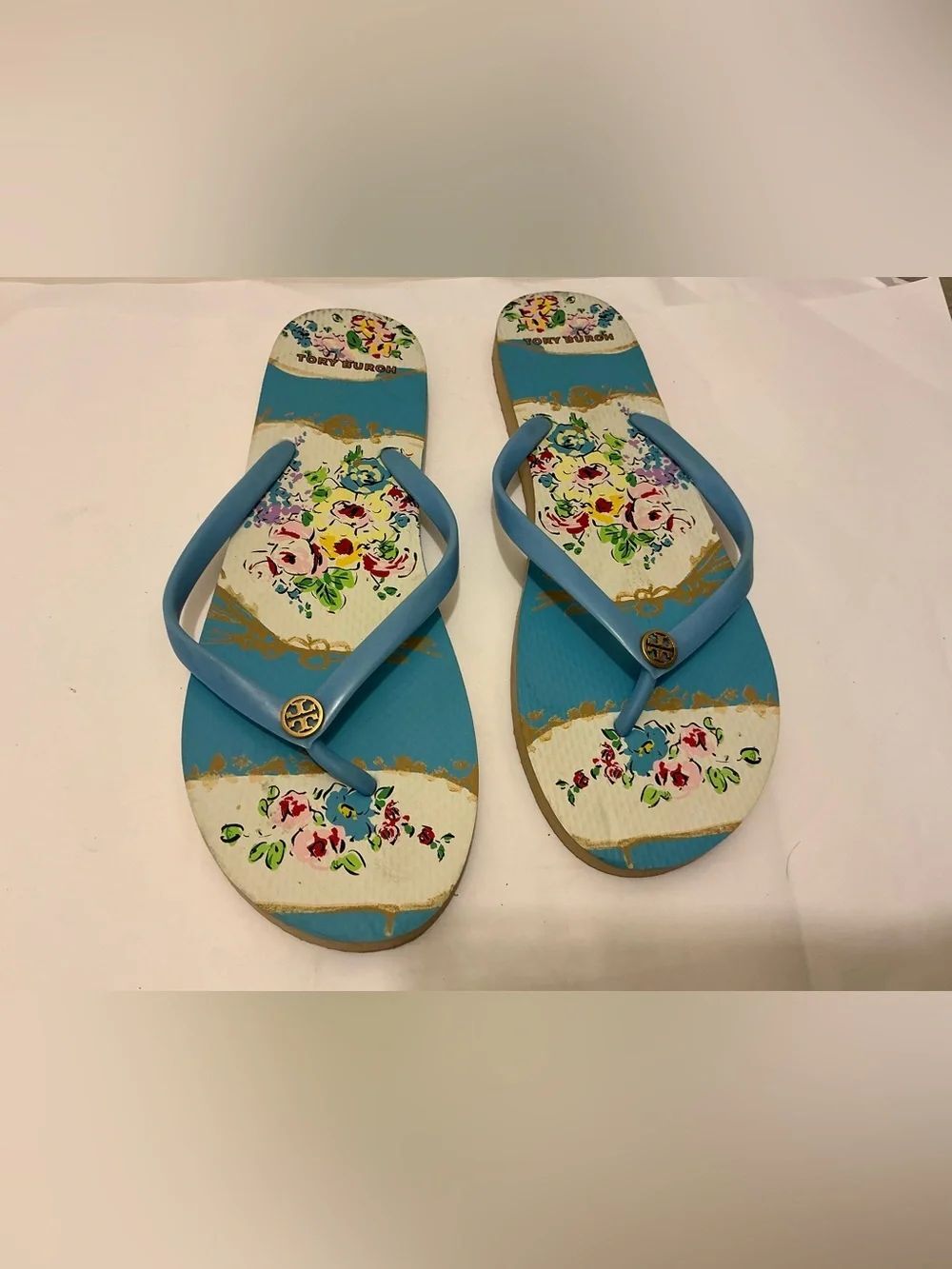 Tory Burch Blue Floral Flip Flop Sandals